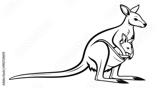 Black and white line of a kangaroo with a joey in its pouch facing left marsupial wildlife