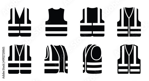 Collection of black and white safety vest icons in various styles