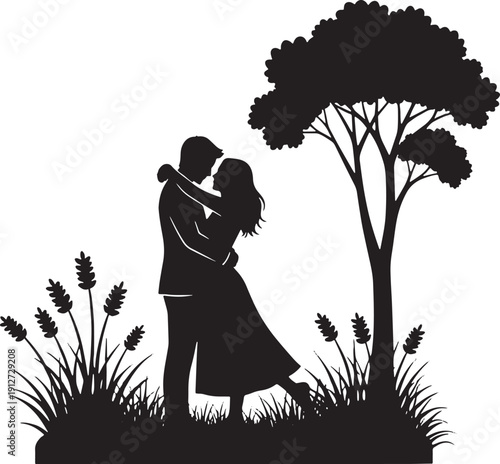 Silhouette Couple Embracing Under a Tree with Flowers and Grass