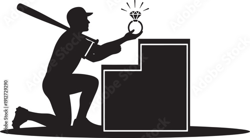 Silhouette of a Baseball Player Proposing with a Ring on One Knee proposal diamond
