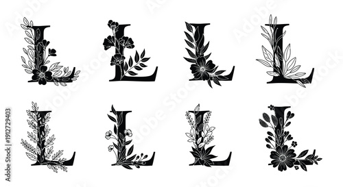 Floral letter l designs elegant botanical illustrations in black and white