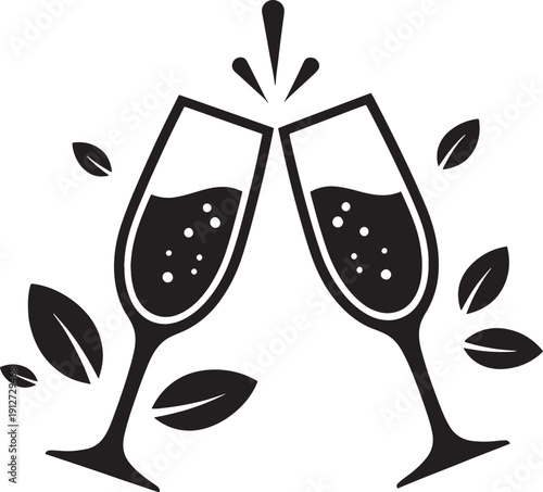 Two black and white wine glasses clinking with bubbles and leaves around them