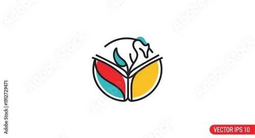 Abstract logo design of a horse emerging from an open book.
