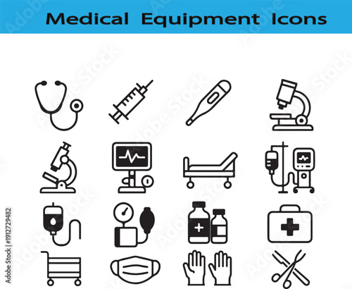 Comprehensive Medical Equipment Icon Set Flat Vector Illustration for Healthcare, Hospital, and Clinical Concept