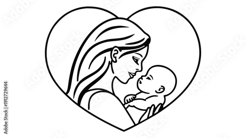 Black and white line of a mother kissing a baby inside a heart shape outline line mother affection