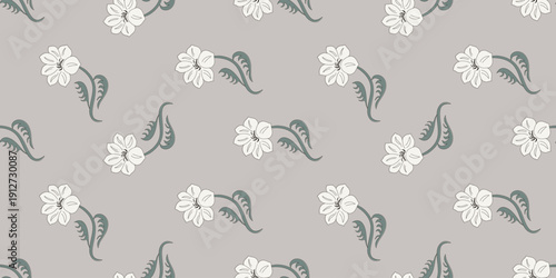 White flower seamless pattern with hand drawn floral and abstract leaf soft tone design.