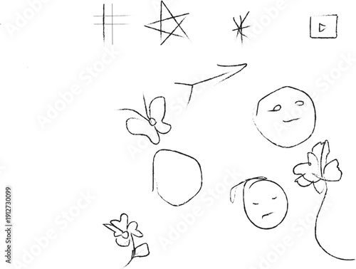 Doodle Sketch Elements: Faces, Stars, Flowers, Butterfly, Arrow on White