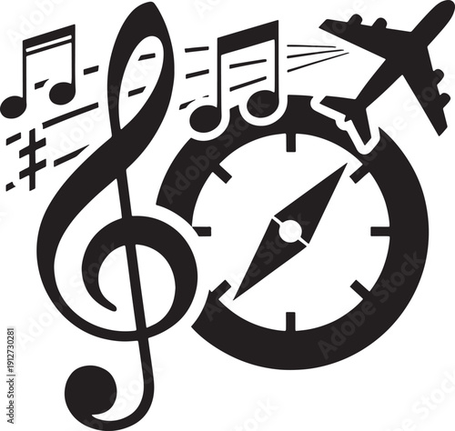 Black and white of a clock with musical notes and a cat silhouette