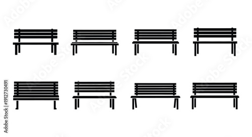 Collection of black park benches in various styles and perspectives