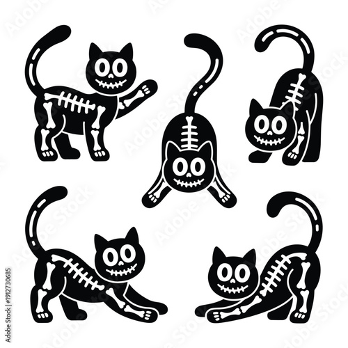 Collection of five playful black cat skeletons in various dynamic poses, ideal for Halloween and spooky graphic design.