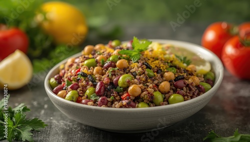 A healthy salad of edamame, chickpeas, pearl barley, red quinoa, mung beans, and black rice in a zesty lemon dressing