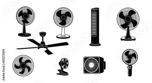 Collection of various black and white fan illustrations including pedestal and ceiling models