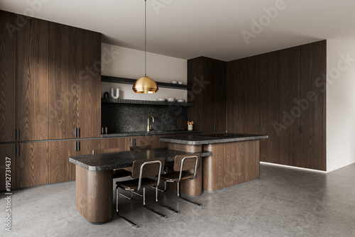 Bilde på lerret Modern dark wood kitchen interior with minimalist design, terrazzo countertops, and brass lighting fixture in contemporary home setting