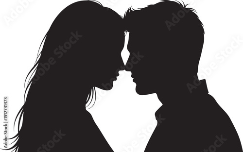 Black and white silhouette of two people kissing with long hair and close embrace couple