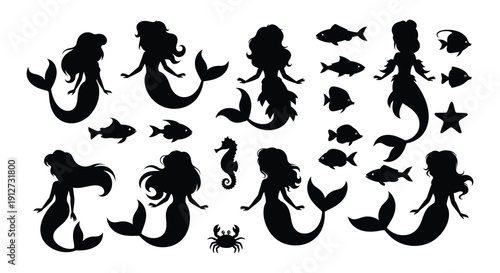 Silhouette collection featuring mermaids fish and marine life elements