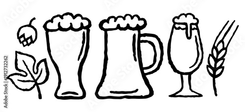 Tall pint glass, classic beer mug, weizen glass with frothy foam, hop cone barley ear or wheat stalk. Ink black hand drawn line illustration on white background