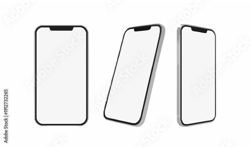 Realistic Smartphone Mockup Set with Blank White Screen in Perspective View Isolated on White Background
