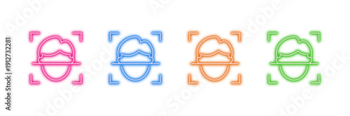 Neon glowing face recognition vector icons set, biometric scan, digital identity, security authentication, technology, vibrant colorful glow.