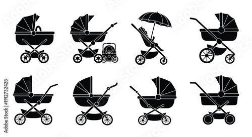 Black and white silhouettes of various baby carriages and strollers