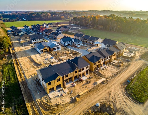 Aerial view showcases a suburban neighborhood under development at sunset