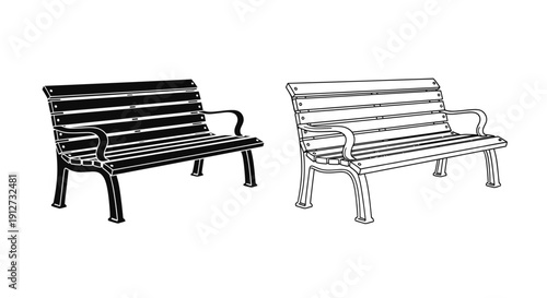 Two wooden benches in a park, minimalist style, black and white sketch Vector