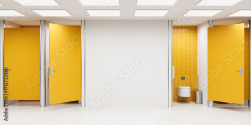 Cuadro en lienzo Modern restroom interior with blank wall mockup and yellow doors under ceiling lights in a clean contemporary design template setup