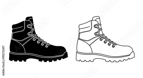 Black and white hiking boots, outdoor footwear, adventure gear, mountain shoes Vector