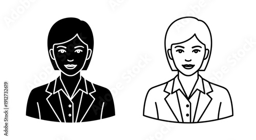 Two smiling women in business attire, one with short black hair and the other with short blonde hair Vector