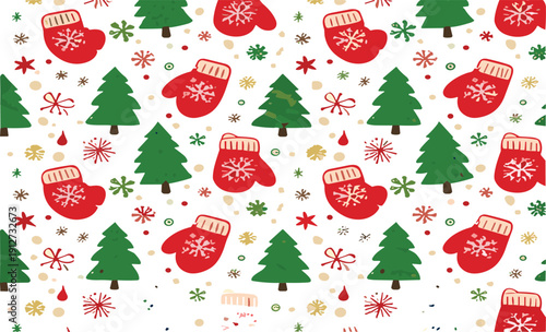 Christmas Seamless Pattern with Red Mittens Green Fir Trees Snowflakes and Festive Holiday Decorations Vector Background