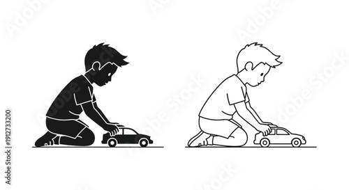 Two children playing with toy cars, kids having fun with vehicles, creative playtime Vector