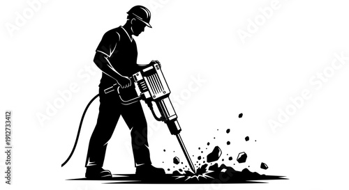 Construction Worker with Jackhammer Icon – Roadwork Industrial Silhouette Symbol