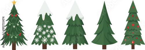 Christmas Tree Collection Vector Set with Decorated Fir Pine Snowflakes Ornaments and Star Isolated Winter Holiday Illustration