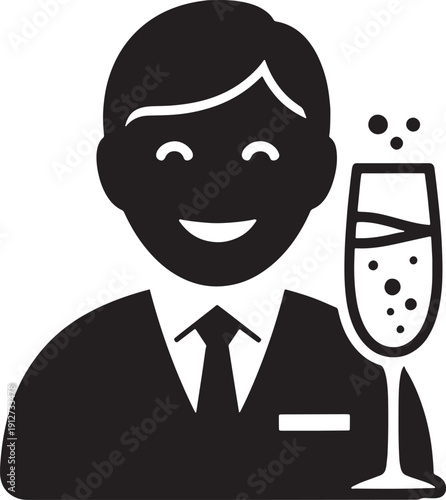 Black and white sketched man in suit holding a glass of whisky with bubbles