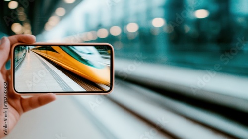 A person holds a smartphone capturing the impressive speed of a yellow train racing by, showcasing a modern moment of technology meeting transportation amidst urban excitement.