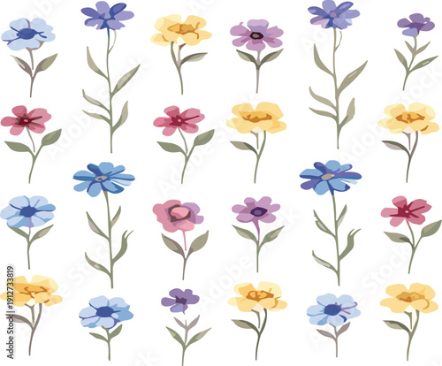 Colorful Hand Painted Wildflower Collection with Soft Pastel Blossoms and Leaves Isolated on Light Background Vector Set