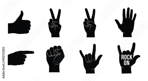 Collection of black silhouette hand gestures and symbols on white background