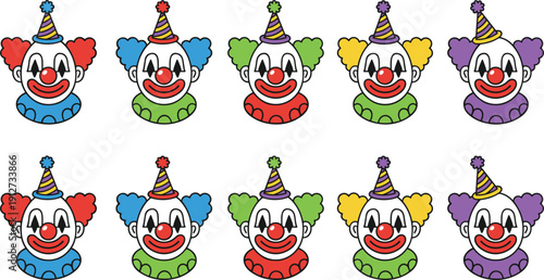Colorful circus clown faces vector illustration set, funny joker characters with party hats isolated on white background.