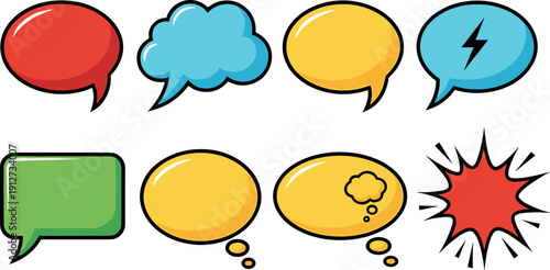 Colorful cartoon speech bubbles, thought clouds and comic starburst symbols set for messaging, chatting and storytelling design