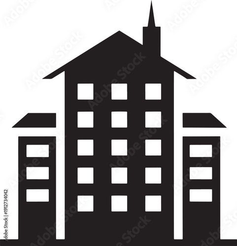 lack and white sketched of a multi story building with windows and a spire sketched building