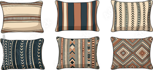 Hand drawn bohemian style decorative pillows vector illustration set, ethnic tribal pattern cushions isolated on white background.