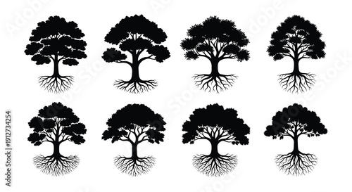 Collection of diverse tree silhouettes with detailed root systems