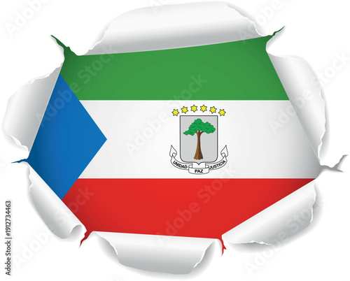 Flag of Equatorial Guinea. Flag Revealed Through Torn Paper Hole over a transparent background