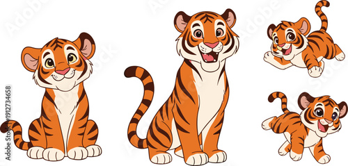 Cute cartoon tiger cub characters collection with playful poses adorable baby animal vector illustration set isolated