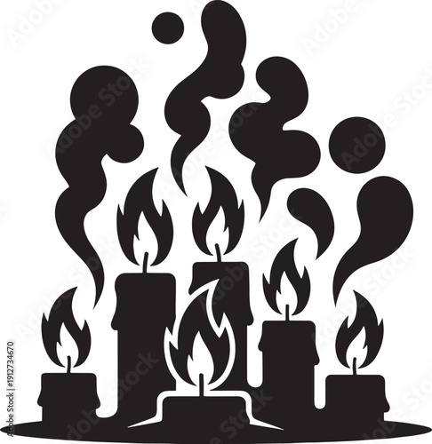 Black and white sketched of burning candles with flames and smoke