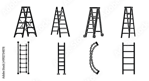 Collection of black ladders in various positions isolated on white
