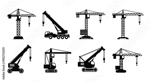 Collection of black silhouette construction cranes and heavy machinery