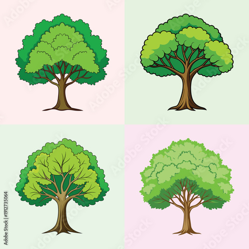 Four Elm Trees, Lush Green Foliage, Flat Design Vector Illustration
