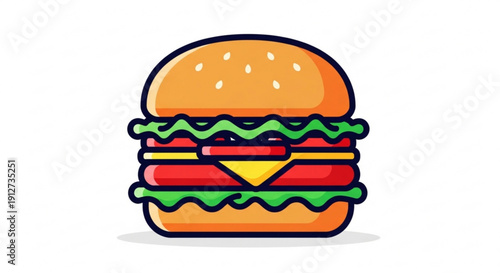 Colorful cartoon hamburger illustration with layered ingredients on white background perfect for food menus and advertisements