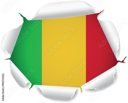 Flag of Mali. Flag Revealed Through Torn Paper Hole over a transparent background
