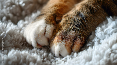 Soft and Fluffy Cat Paws Kneading on a Cozy Blanket with Claws Extended in a Calm and Warm Environment